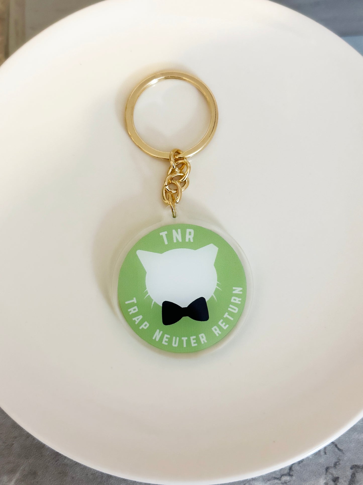 Green Acrylic TNR Trap Neuter Return Keychain on gold keyring
