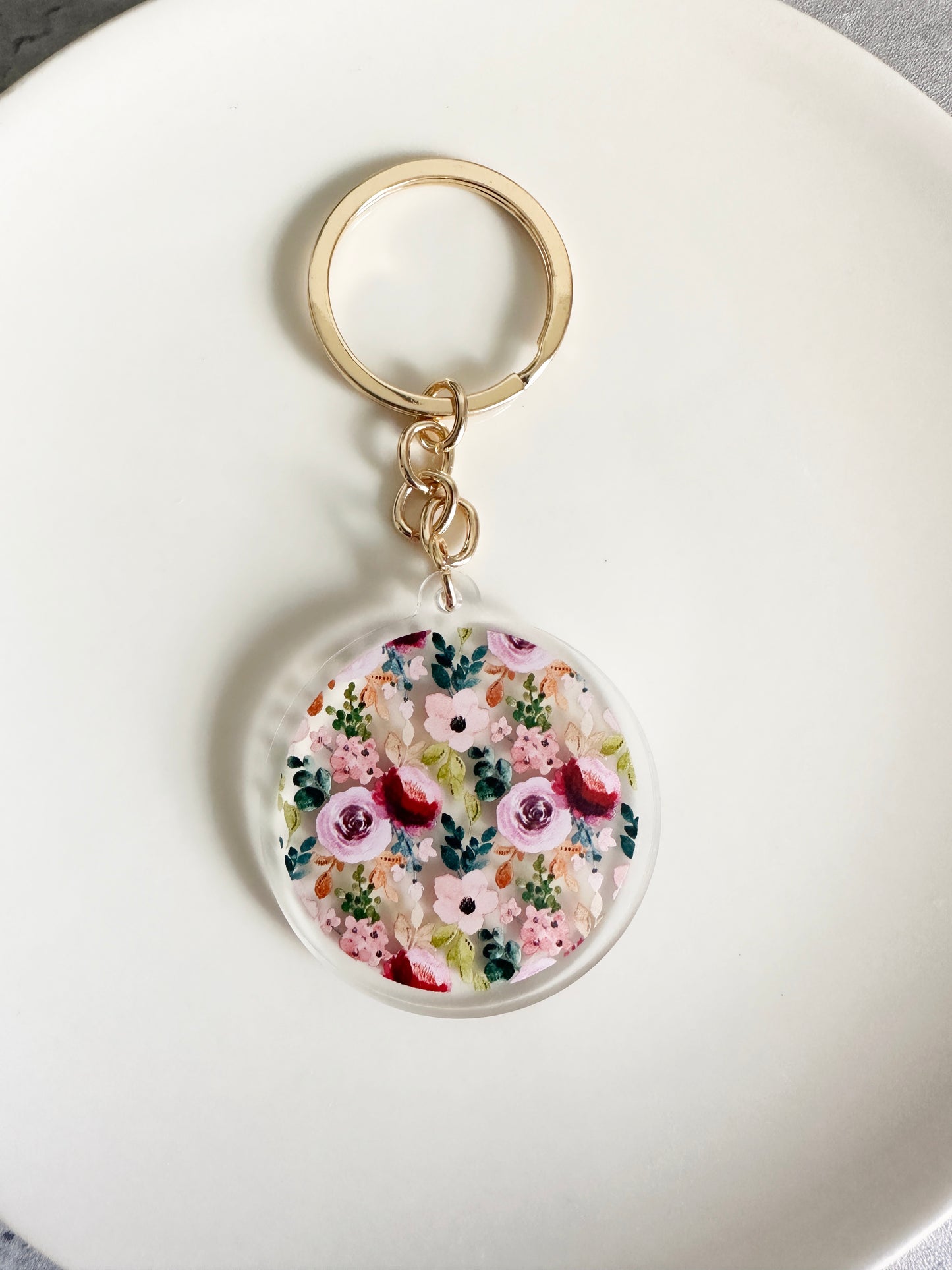 Pink floral keychain with gold keyring