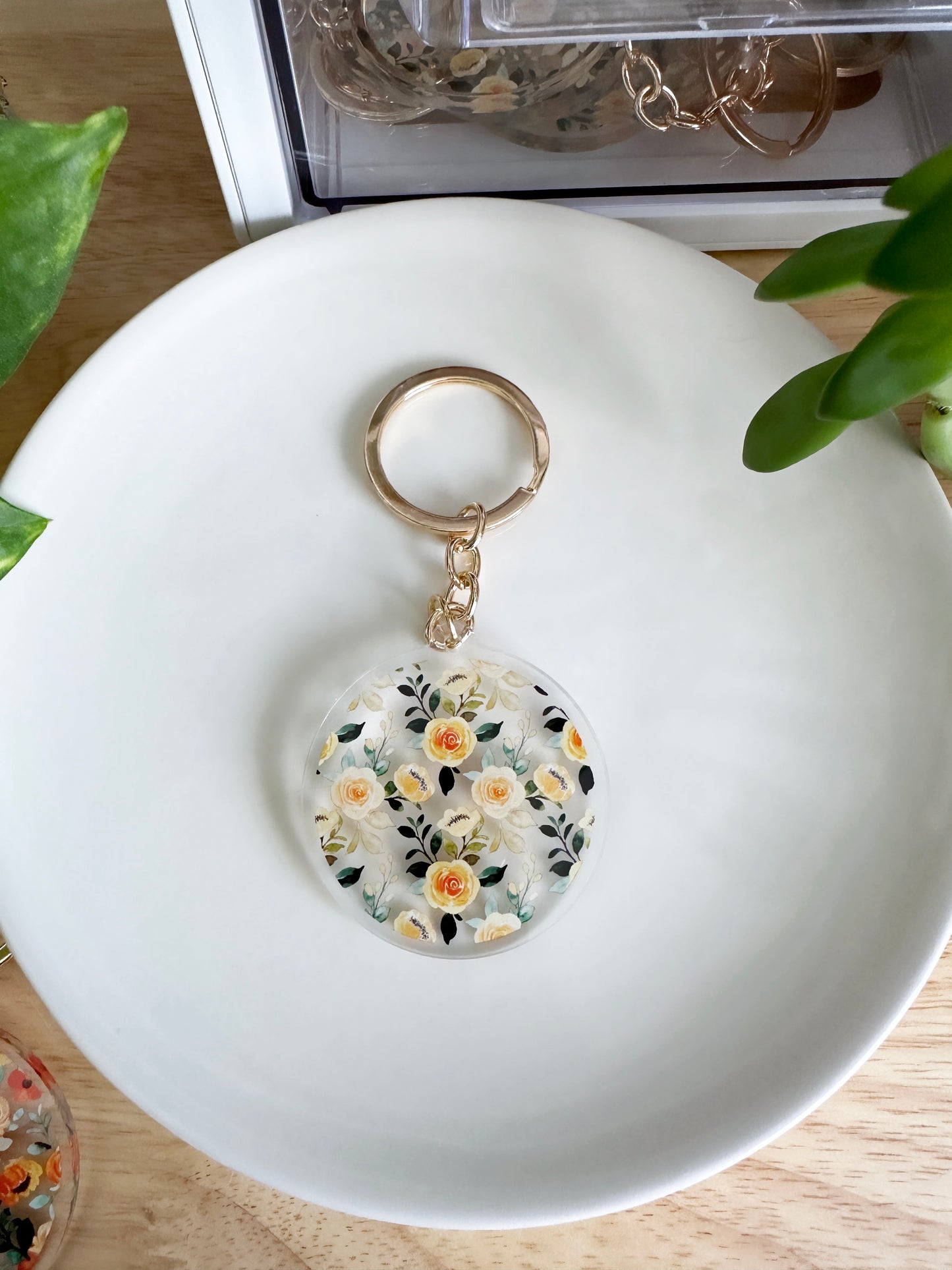 Yellow floral keychain with gold keyring