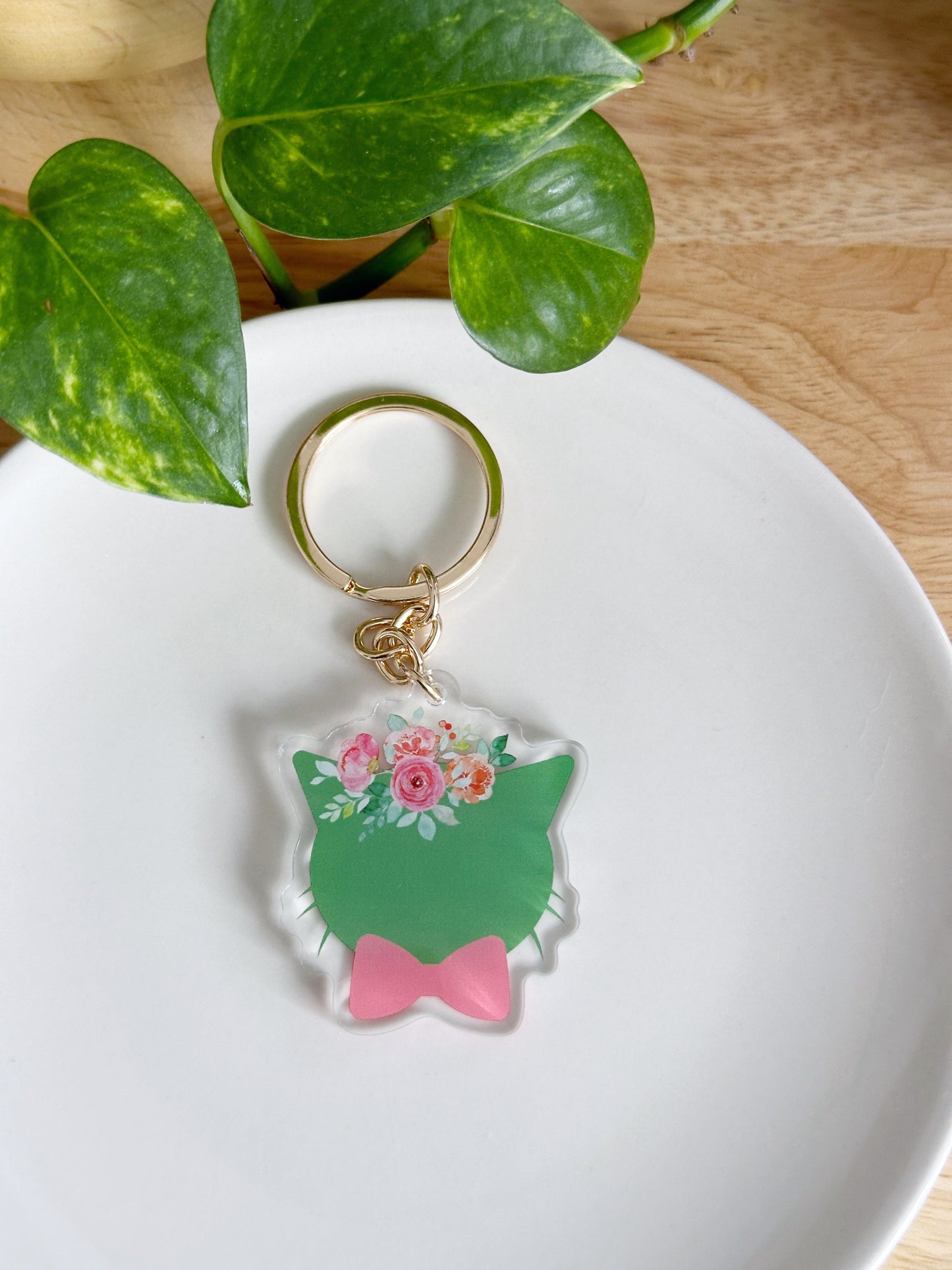 Green and Pink Floral Cat Keychain