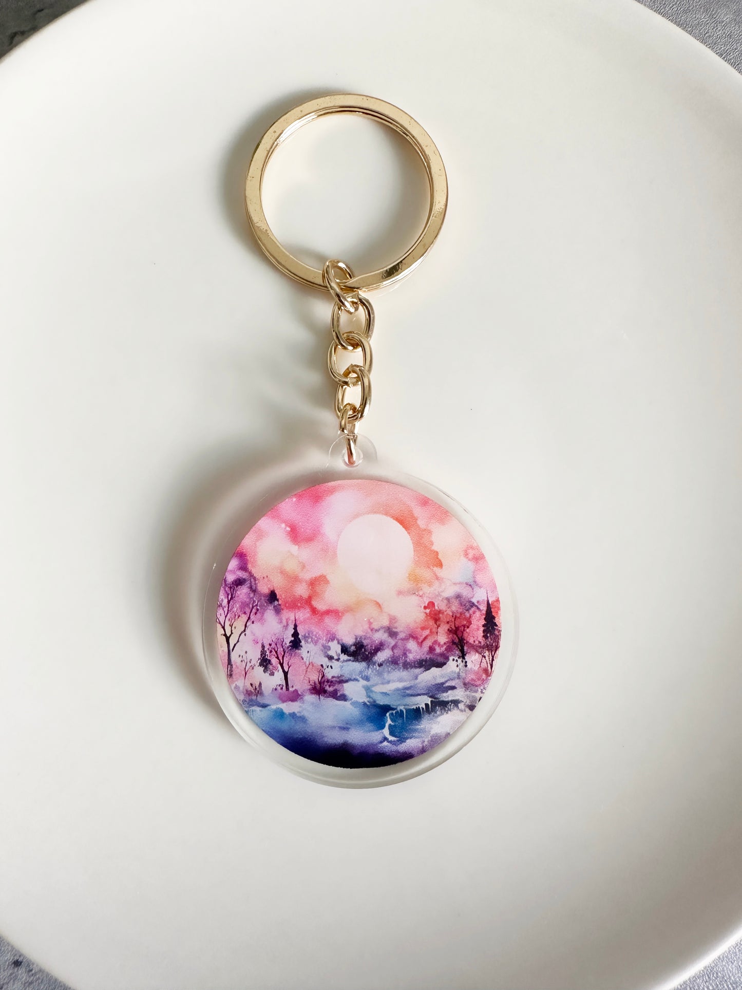 Watercolor landscape keychain with gold keyring