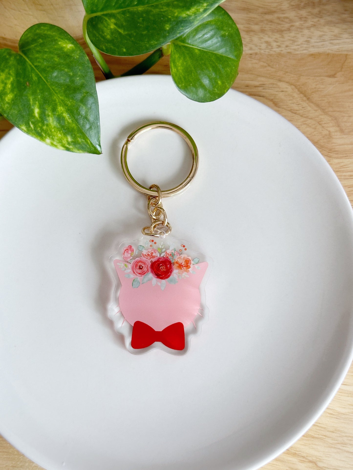 Pink and Red Floral Cat Keychain