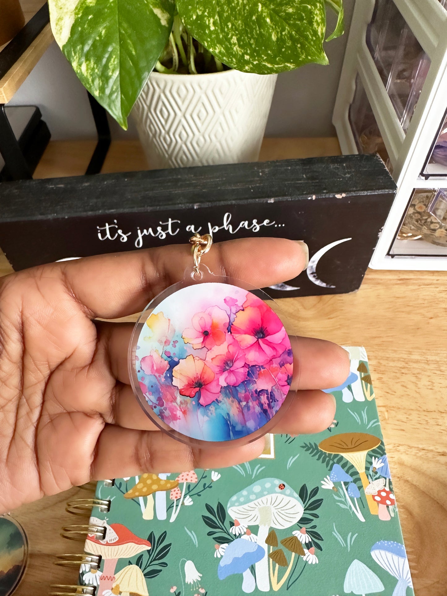 Floral watercolor keychain with gold keyring