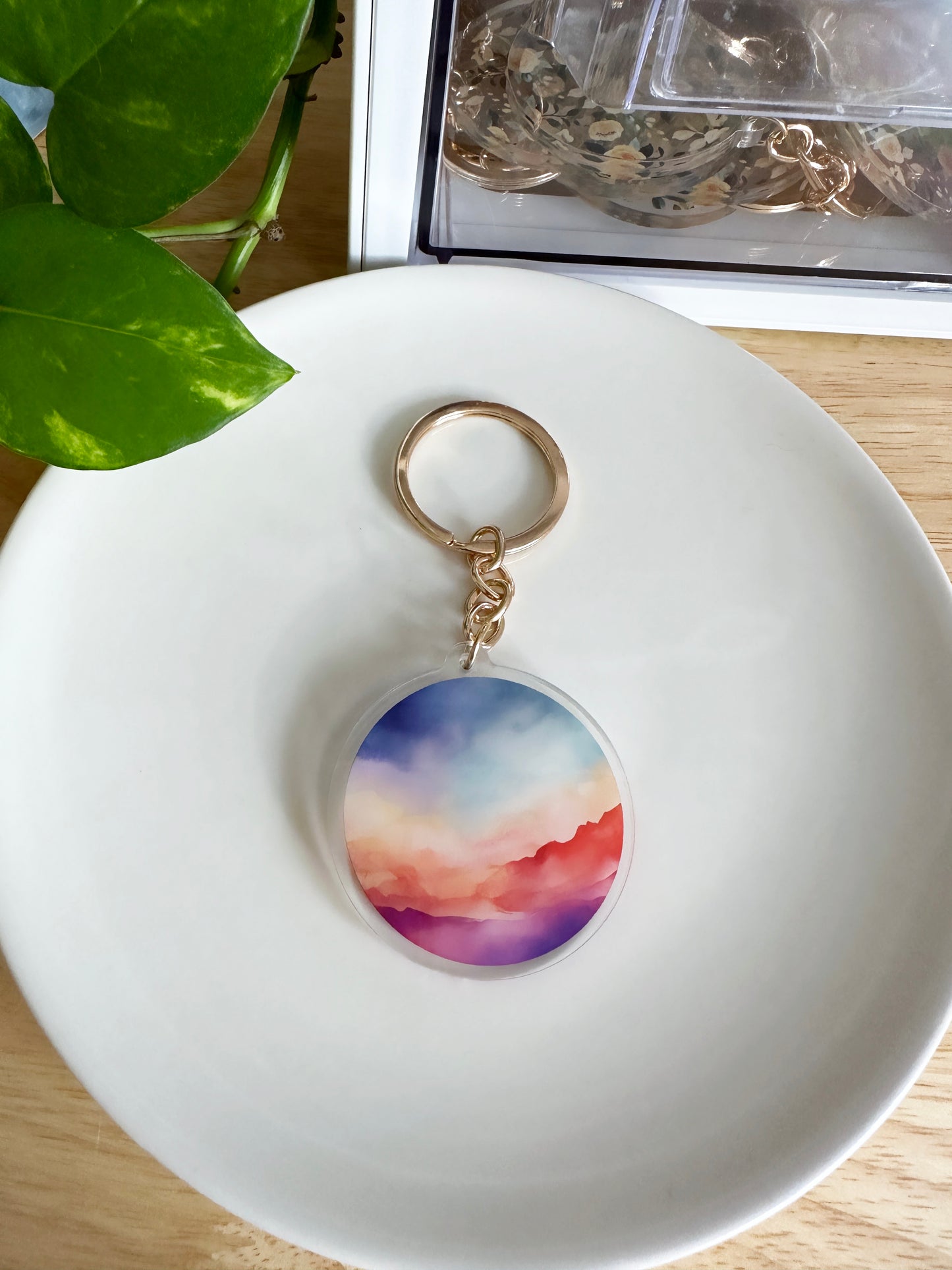 Watercolor landscape keychain with gold keyring