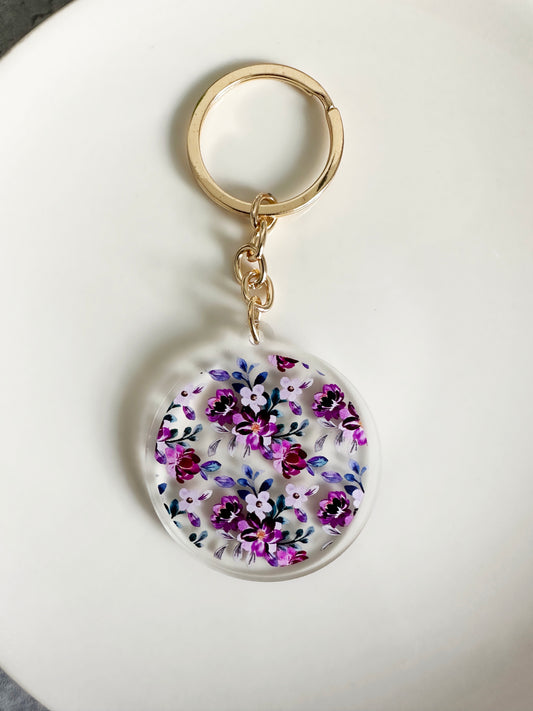 Purple Floral Keychain with gold keyring 