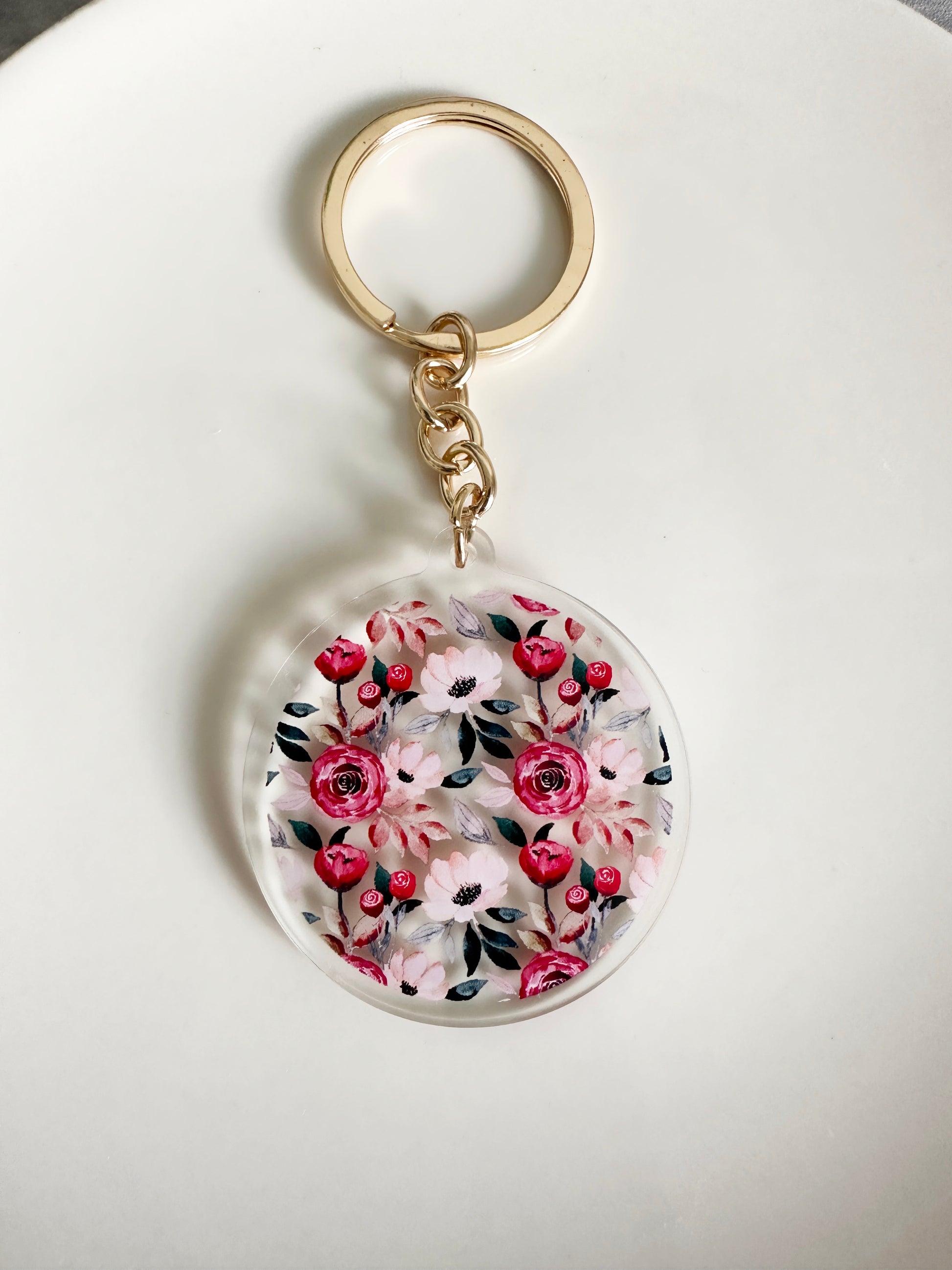 Pink Floral Keychain with gold keyring 
