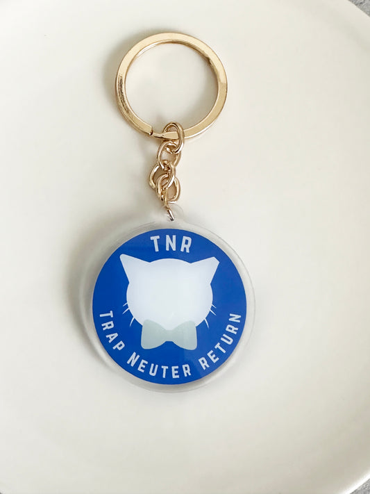 Blue TNR Trap Neuter Return Keychain Gold Keyring Cat with Bow tie 